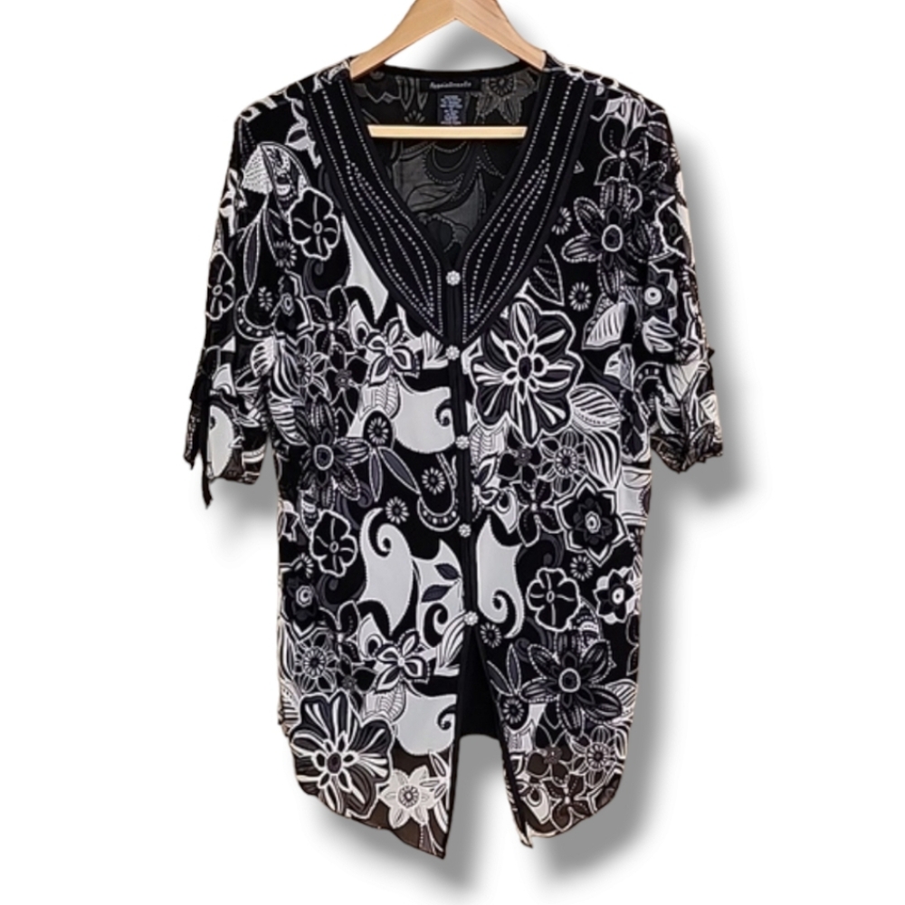 VINTAGE APPOINTMENTS Black Blouse Plus 1X 1XL Top 3/4 Sleeve Bling Top Shirt - Picture 2 of 16